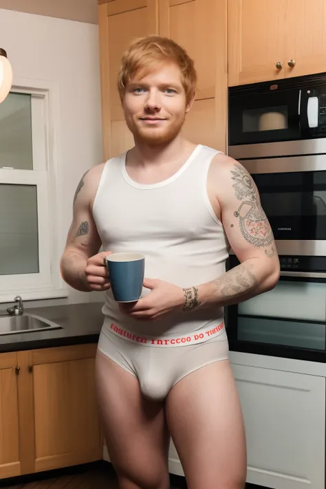 Ed sheeran,fullbody, (chubby:0.7) (hand and body full of tattoes) sleeveless shirt, (white briefs, bulge), candid, front camera, kitchen background, holding a cup of coffee, realistic, 8K