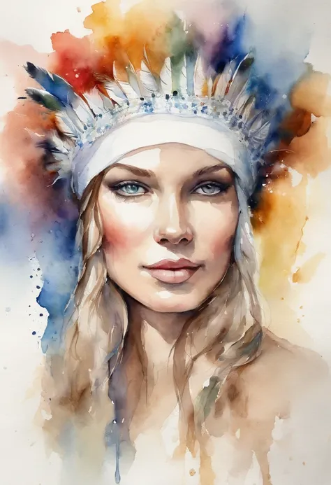 Watercolor painting of a beautiful white girl with headdress on her head : : trending on ArtStation: : Simple composition creates a sense of order and harmony. A pintura reflete as qualidades espirituais do mundo natural. --up luz --ar 9:16