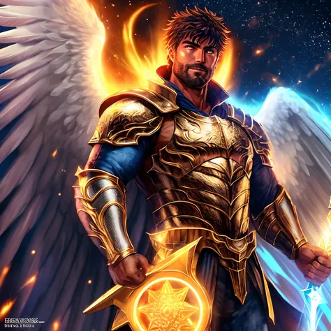 Anjo de fogo, homem, CHAMPION OF JUSTICE, radiante personagem de rpg, enorme, forte, usando armadura de placas pesada e uma espada longa, longos cabelos escuros, ultrarrealista