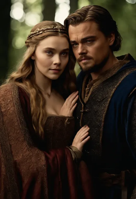 17 years old Leonardo DiCaprio and 20 years old Elizabeth Olsen as a couple, medieval clothes, game of thrones style, ultra realistic, high definition