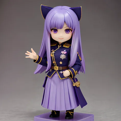 nendoroid、1girl in、Purple hair、Long hair、simple background、Commander、military outfits、skirt by the、Hanging eyes、Raised eyebrows、villainess、ssmile、Doya face、full body Esbian