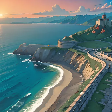 Massive coastal fortress, mountain background,