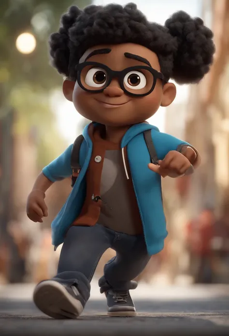 personagem dos desenhos animados de um homem negro, jovem, com 9 anos, Wearing black glasses and a blue sweatshirt, cabelo crespo, cortado em estilo americano, animation character, Caractere estilizado, animation style rendering, 3D estilizado, Arnold Maya...