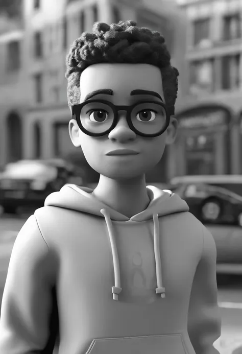 personagem dos desenhos animados de um homem negro, jovem, com 9 anos, Wearing black glasses and a blue sweatshirt, cabelo crespo, cortado em estilo americano, animation character, Caractere estilizado, animation style rendering, 3D estilizado, Arnold Maya...