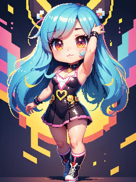 Chibi idol character pixel art, beautiful detailed pixel art, hyper detailed pixel art, conceptual pixel art, high quality pixel art, high quality pixel art, high quality pixel art, high quality pixel art, dynamic lighting, colorful, high contrast colors, ...