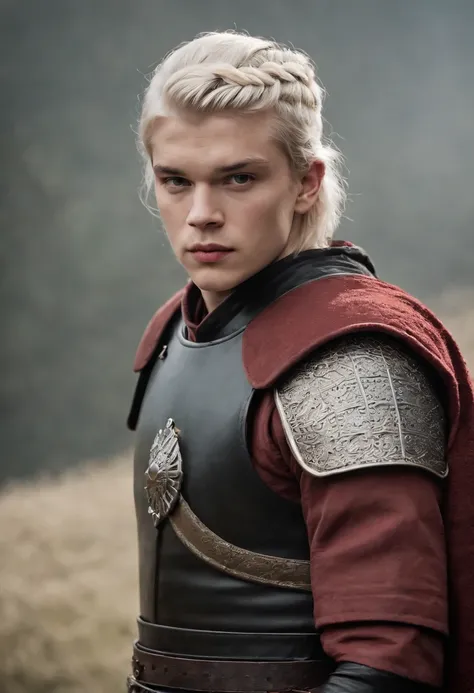 Alex Høgh Andersen, with natural Withe hair, wearing a Targaryen black and red armor, with a Valyrian sword in his hand, ultra realistic, high definition