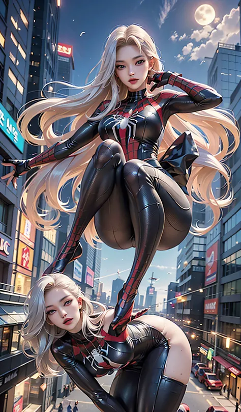 (Masterpiece, 4k resolution, ultra-realistic, very detailed), (White superhero theme, charismatic, theres a girl on top of town, wearing Spider-Man costume, shes a superhero), [ ((25 years), (long white hair:1.2), full body, (blue eyes:1.2), ((Spider-Man p...