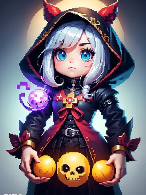 Chibi necromancer character pixel art, beautiful detailed pixel art, hyper detailed pixel art, conceptual pixel art, high quality pixel art, high quality pixel art, high quality pixel art, high quality pixel art, dynamic lighting, colorful, high contrast c...