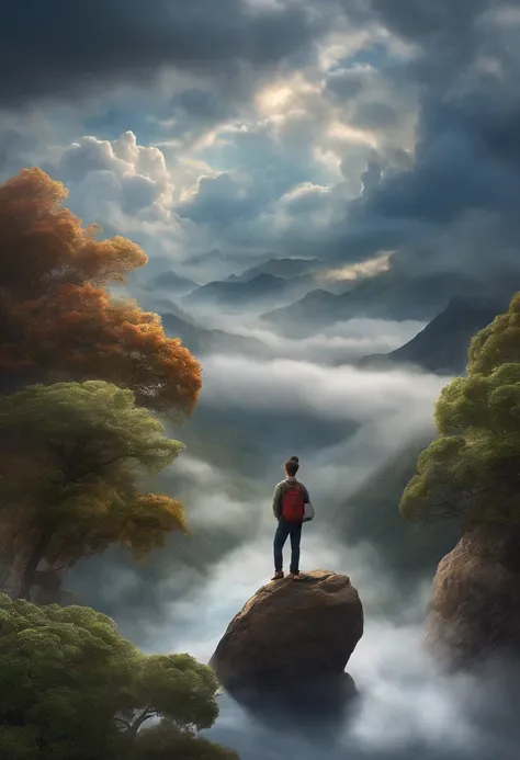 disney pixar poster, there are two people that are looking out over the clouds, in clouds, cloudy day, on clouds, cloudy weather, with fog, in mountains, scenary, covered in clouds, in the clouds, cloudy air, in a cloud, beautiful cloudy atmosphere, on a c...