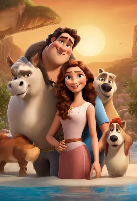 a Disney Pixar movie poster showing a white-skinned family. The father is the tallest, Tem barba curta, loiro, cabelos curtos e espinhosos. The mother has brown eyes and hair, shoulder-length and is slightly overweight. A menina tem 4 anos e cabelos castan...