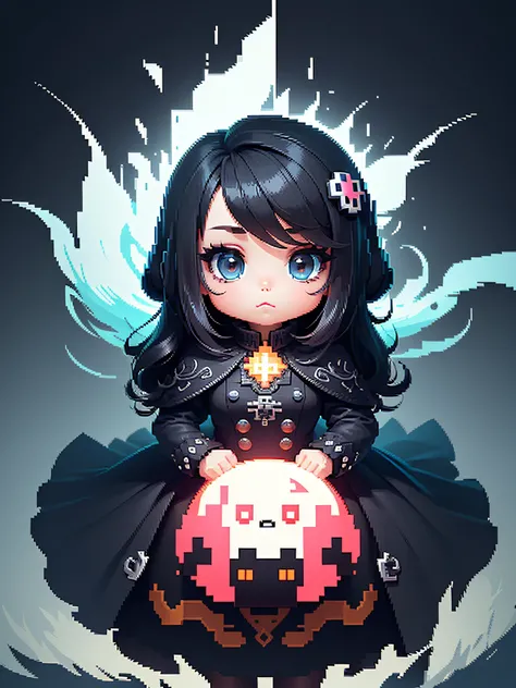 Chibi necromancer character dressed in black pixel art, beautiful detailed pixel art, hyper detailed pixel art, conceptual pixel art, high quality pixel art, high quality pixel art, high quality pixel art, high quality pixel art, dynamic lighting, colorful...