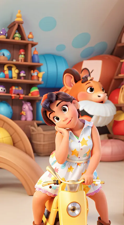 menina sentada num cavalo de brinquedo estilo disney pixar alta qualidade, melhor qualidade