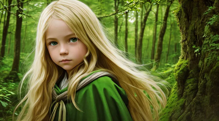 The Blonde Child Long Hair of the GREEN Cloak, close up, com o Lobo na Floresta Escura, pintura digital detalhada, uma pintura fotorrealista, fotografia de arte