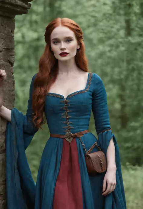 Madelaine Petsch, medieval clothes, graceful, beautiful, red and blue dress, ultra realistic, high definition,