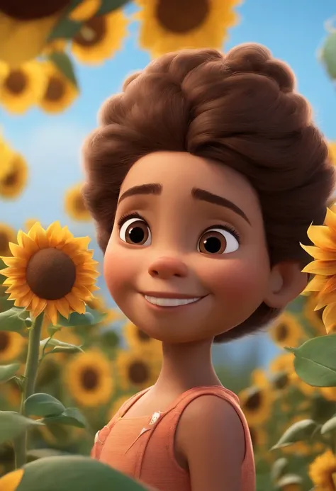 Create a Disney Pixar-style poster of a young girl with light brown skin, olhos escuros e cabelos escuros e cacheados)) ((tudo isso no estilo Disney PIXAR 3D, In the background, A house of sunflowers, Gloria Studio, The garden is full of nature 3D render R...