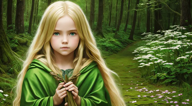 The Blonde Child Long Hair of the Green Cloak, close up, com o Lobo na Floresta Escura, pintura digital detalhada, uma pintura fotorrealista, fotografia de arte