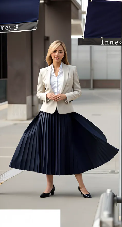 (shy:1,2) (smiling;1,1) woman playing with skirt, dancing, wearing short blazer and very very detailed (long (fully pleated) full circle skirt) and (simple) low heeled office shoes, very very intricate hyper-detailed symmetric (attractive graceful young fe...