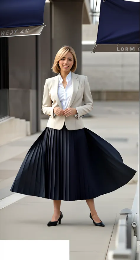 (shy:1,2) (smiling;1,1) woman playing with skirt, dancing, wearing short blazer and very very detailed (long (fully pleated) ful...