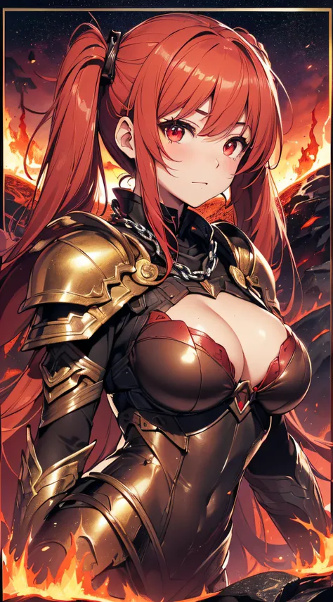 top-quality、Top image quality、​masterpiece、girl with((20yr old、Best Bust、big bast、Bust 85,Red Eyes、Breasts wide open,Long twin tails with glowing red hair、A slender、Large valleys、Red Lava Armor,Reflecting the whole body、Glowing Red Greatsword、Chains of hig...