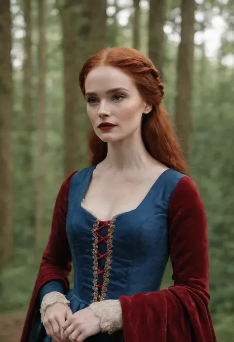 Madelaine Petsch from Riverdale in medieval clothes with a red and blue dress, ultra realistic, high definition