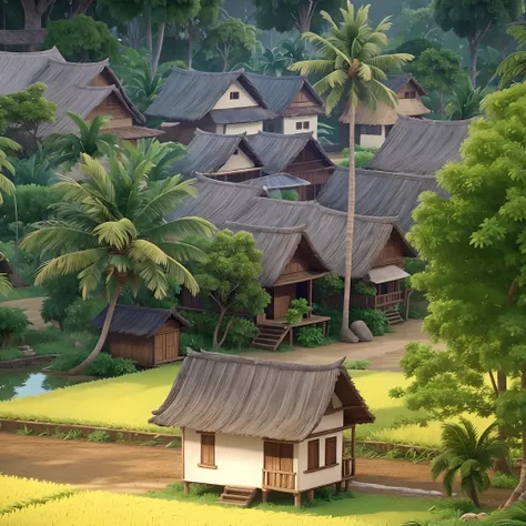 3d animation cartoon of this scene, cartoon traditional home,cartoon rice field,cartoon jungle,cartoon coconut tree