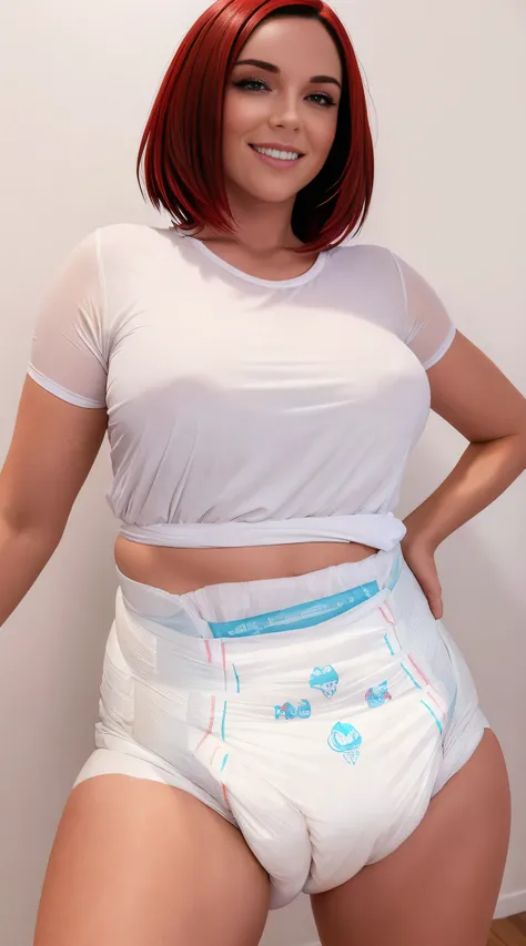 High quality, Wet diaper, Huge Layer, femme, Detailed face, Souriant, gros seins, detailed skin, peau blanche, redhair, yeux blues, sans soutien-gorge