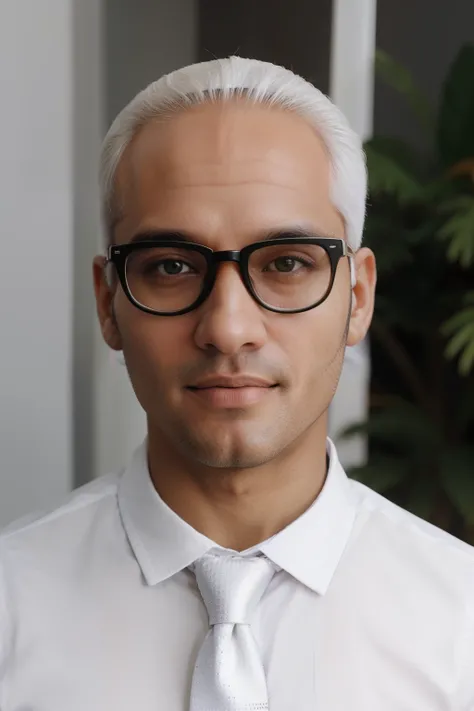 Um homem de 30 anos, com cabelos castanhos curtos,face de diamante, olhar rigoroso, e olhos castanhos, Wearing white white shirt with tie and glasses.