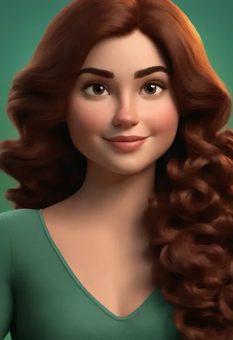 Create a Disney Pixar-style poster of a young woman with fair skin, dark eyes and medium, curly dark hair)) ((tudo isso no estilo Disney PIXAR 3D,  3D render RTX estilo de design cartunesco, Detailed illustrations of PIXAR 3D, Detalhes hiper-realistas, cor...