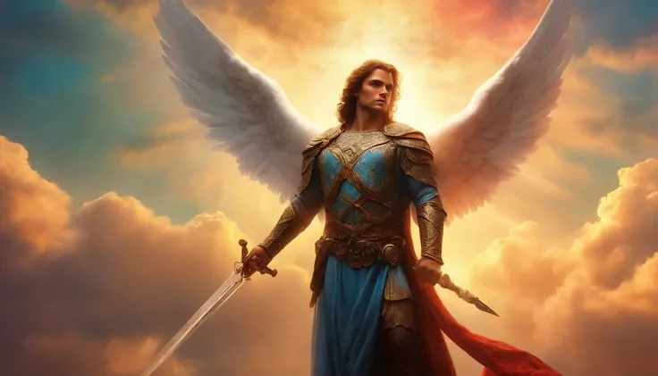 (((foto de corpo inteiro))) de Arcanjo Miguel Homem, Photorealistic angel of God of an angel with sword in hand (In the middle of the sky with colorful clouds: 1.50), Sem estilo Charlie Bowater, exaggerated facial features, Simbolismo misterioso, Magic, es...