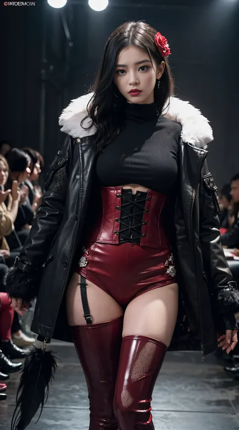 (Dramatic), (grittiness), (Intense),A female model,Tattooed with，She wears a stud PVC corset，red colour，There are feathers on the shoulders, wind coat，kneehigh boots，(fish net leggings).(She confidently stood in the center of the runway show)。Rose flower,F...