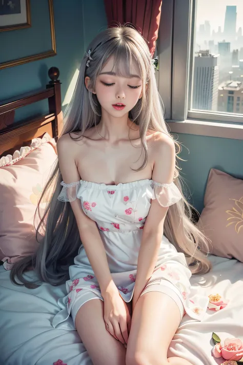 ((girl lying in bed)）, silver hair, bangs, blunt bangs, long straight hair, aqua eyes, longeyelashes, solid circle eyes, makeup,...