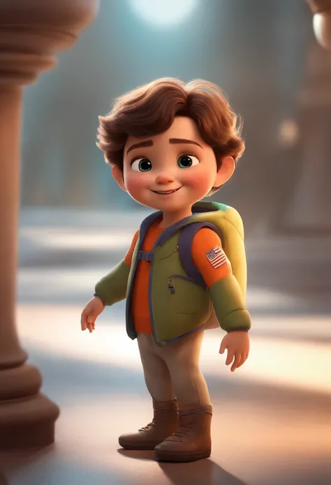 a happy cute kid standing short hair, vestindo uma fantasia espacial, , fundo branco, barnet, Tom, Estilo Pixar, ....3d, desenhos animados, rosto detalhado, asymmetrical 16k