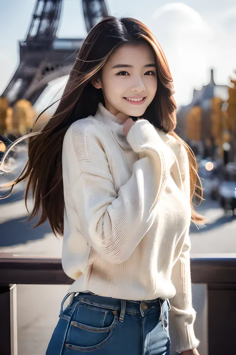 （8k，best qualtiy，tmasterpiece：1.2）， （realisticlying，photo-realistic：1.37）， Super meticulous， 1个Giant Breast Girl，full bodyesbian，Standing in Paris city in turtleneck sweater and skinny jeans，The background is the Eiffel Tower， adolable，独奏， beautiful sky， （...