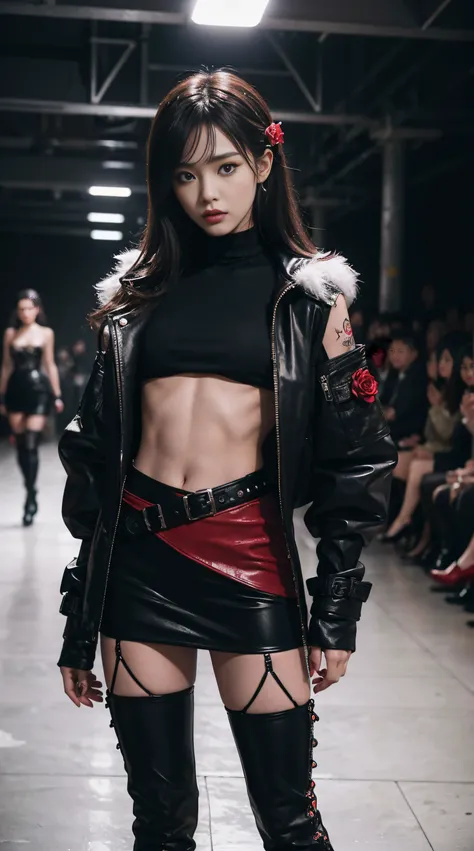 (Dramatic), (grittiness), (Intense),A female model,Tattooed with，She wears a stud PVC corset，red colour，There are feathers on the shoulders, wind coat，(kneehigh boots)，Superskirt,(fish net leggings).(She confidently stood in the center of the runway show)。...