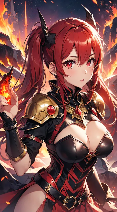 top-quality、Top image quality、​masterpiece、girl with((20yr old、Best Bust、big bast、Bust 85,Red Eyes、Breasts wide open,Long twin tails with glowing red hair、A slender、Large valleys、RED dress、Red Magma Armor,Reflecting the whole body、Glowing Red Greatsword、Hi...