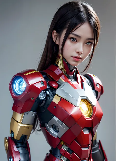 Textured skin, Super Detail, high details, High quality, Best Quality, hight resolution, 1080p, hard disk, Beautiful,(Iron Girl),beautiful cyborg woman,Mecha Cyborg Girl,Battle Mode,Girl with a Mecha Body,She wears an Iron Man mech,