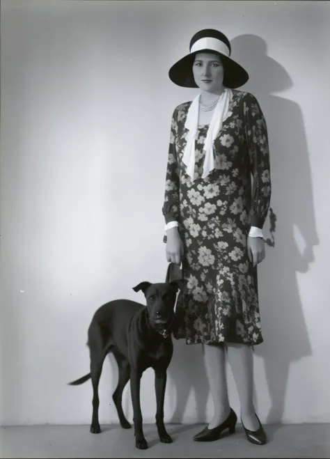 arafed woman in a floral dress and hat standing next to a dog, 1 9 2 0 s minimalism style, style of lady frieda harris, in the 1920s, 1920s picture, 1 9 2 0 s fashion, 1 9 2 0 s cloth style, 2 2 year old mary louise brooks