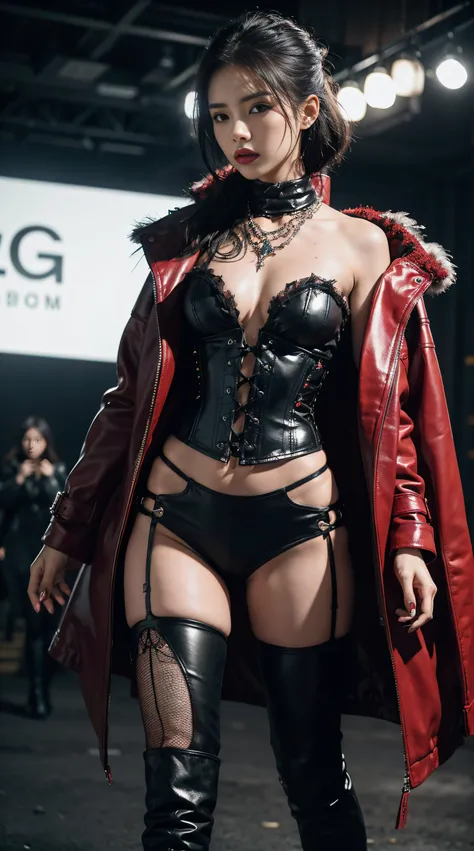 (Dramatic), (grittiness), (Intense),A female model,Tattooed with，She wears a stud PVC corset，red colour，There are feathers on the shoulders, wind coat，(kneehigh boots)，Superskirt,(fish net leggings).(She confidently stood in the center of the runway show)。...