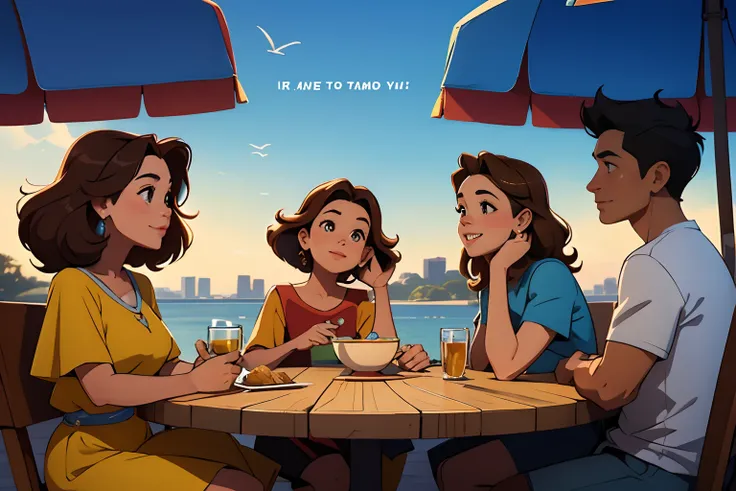 A Disney-style movie poster from Pixar with the text "Beautiful family", There is a group of four people sitting at a table together, (uma mae um pai de 35 anos, e duas meninas de 9 anos) uma foto de Willian Murai, instagram, acontecimento, foto do perfil,...