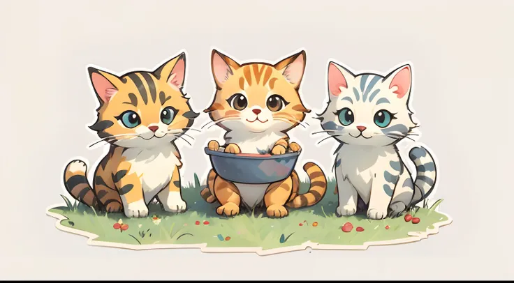 A group of cute cats，Have a meal on the grass，aquarelle， simple backgound， dk， adolable， Small， pastel colour， vectorstyle，Warm，heal