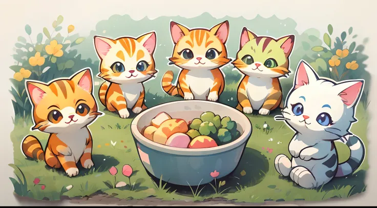 A group of cute cats，Have a meal on the grass，aquarelle， simple backgound， dk， adolable， Small， pastel colour， vectorstyle，Warm，heal