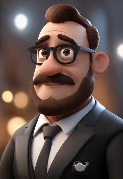 Cartoon character of a man wearing black glasses, com barba na cor preta, rosto redondo e uma camisa preta, um personagem animado, Caractere estilizado, animation style rendering, 3D estilizado, Arnold Maya render, 3 d render stylized, toon render keyshot,...