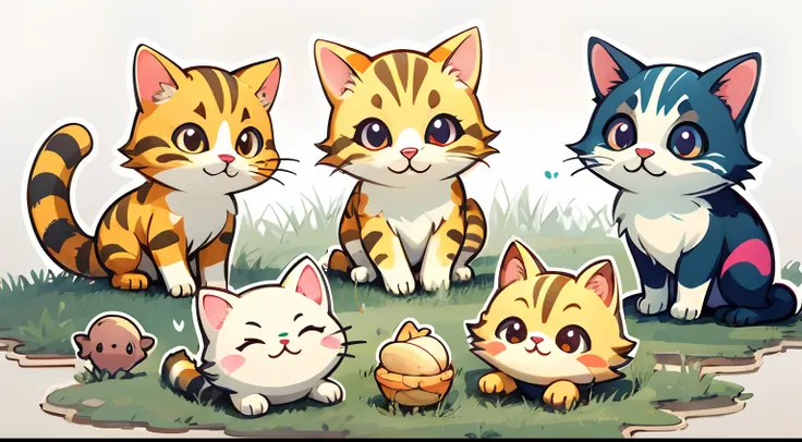 A group of cute cats，Have a meal on the grass，aquarelle， simple backgound， dk， adolable， Small， pastel colour， vectorstyle，Warm，heal