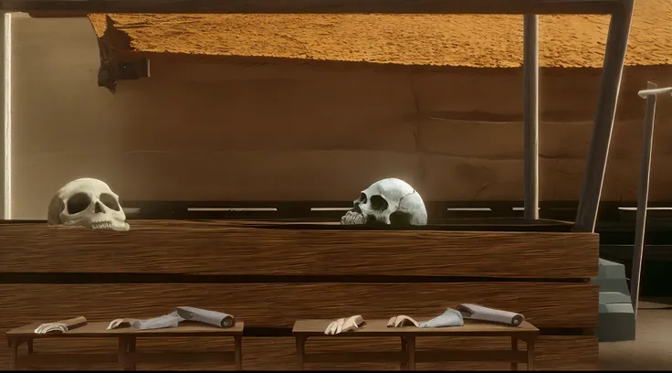 there are two bears that are sitting on a bench, there is a skull over a table, videogame still, anomalisa, standing in a cantina, still from animated horror movie, screenshot from the game, inspired by Goro Fujita, liminal highly detailed, shaded, rendere...