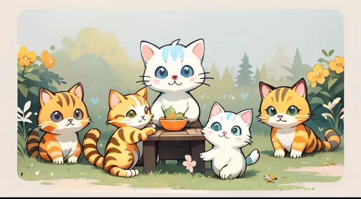 A group of cute cats，Have a meal on the grass，aquarelle， simple backgound， dk， adolable， Small， pastel colour， vectorstyle，Warm，heal