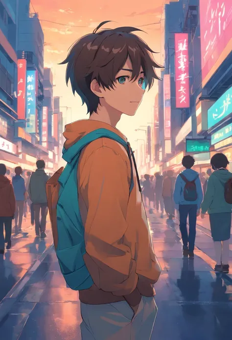 a boy, Switch to anime style, With exaggerated unique faces and clothes., Stand on the streets of bustling cities., A glowing background that highlights the subject., High contrast colors, High-resolution 4K quality，young, Smiles, handsome