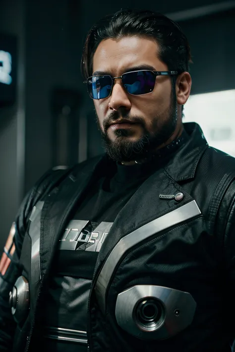 cenarios cyberpunk, homem pardo com barba, oculos e gordo robotico