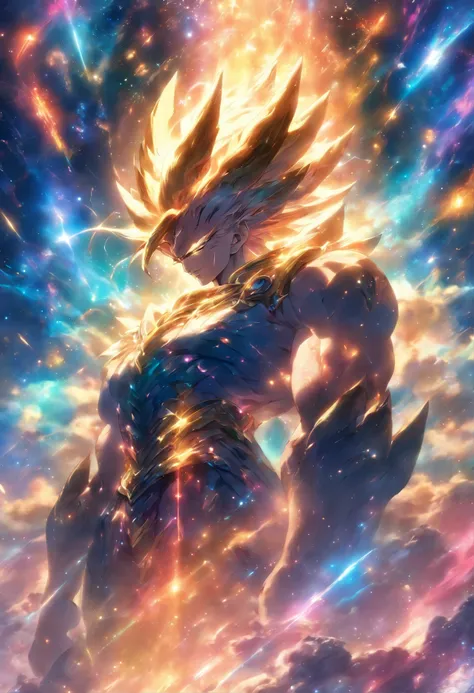 An ethereal god of the galaxy sitting on a magnificent cosmic throne, com um misterioso rosto mascarado. Its muscular body is armored and composed of spinning galaxies, Emanating Cosmic Energy. The scene is bathed in a mesmerizing multicolored glow, como c...