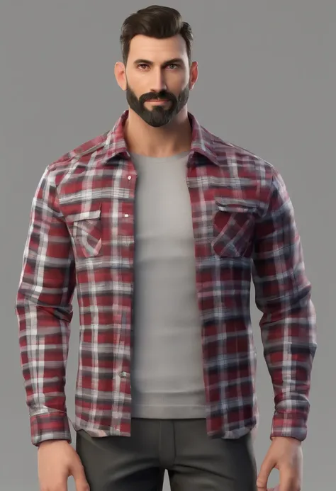 Homem, short to medium hair, barba por fazer, pele morena, olhos castanhos, olheiras, wearing black and red plaid shirt with a basic gray shirt underneath, super detalhe