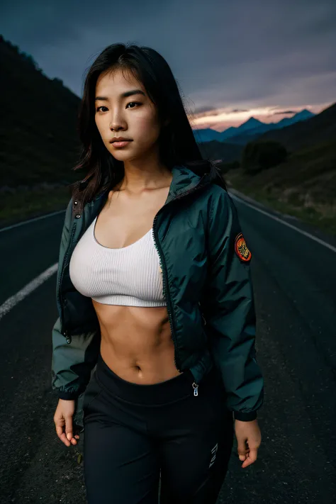 20-year-old, 1 girl, asian, large breasts, hiking pants, jacket, sports bra, no makeup, lone person on a dark road, hills, serious look, looking away, twilight time, walking away